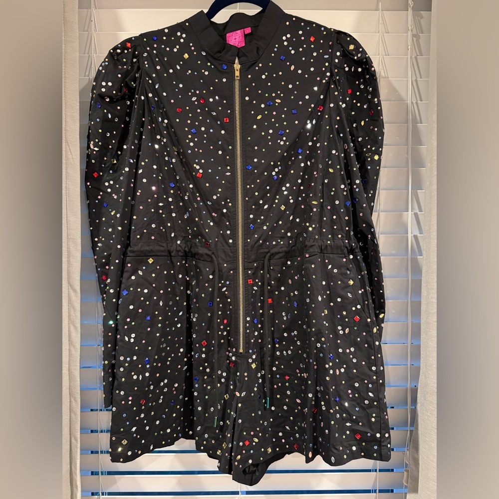 QUEEN OF SPARKLES Black Embellished Zip-Front Romper with Multicolor Stones
